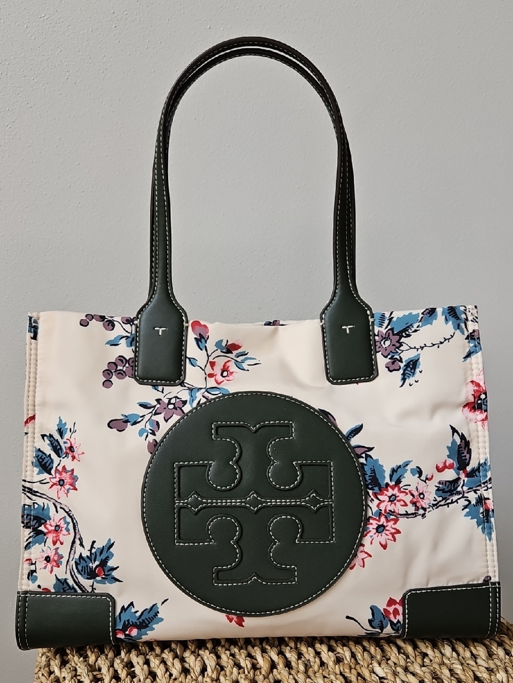 Tory Burch Cream Floral Tote with Dark Green Trim